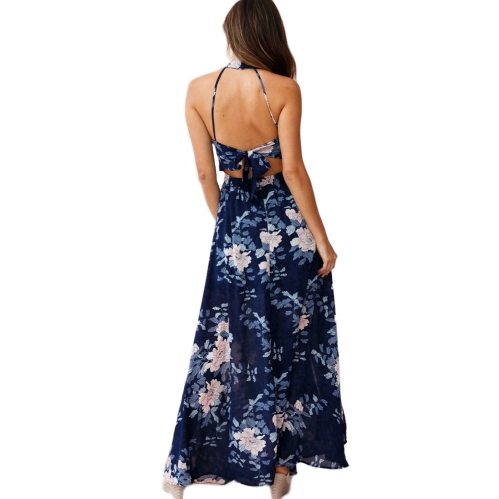 NEW Selfie Leslie Navy Halterneck Maxi Dress